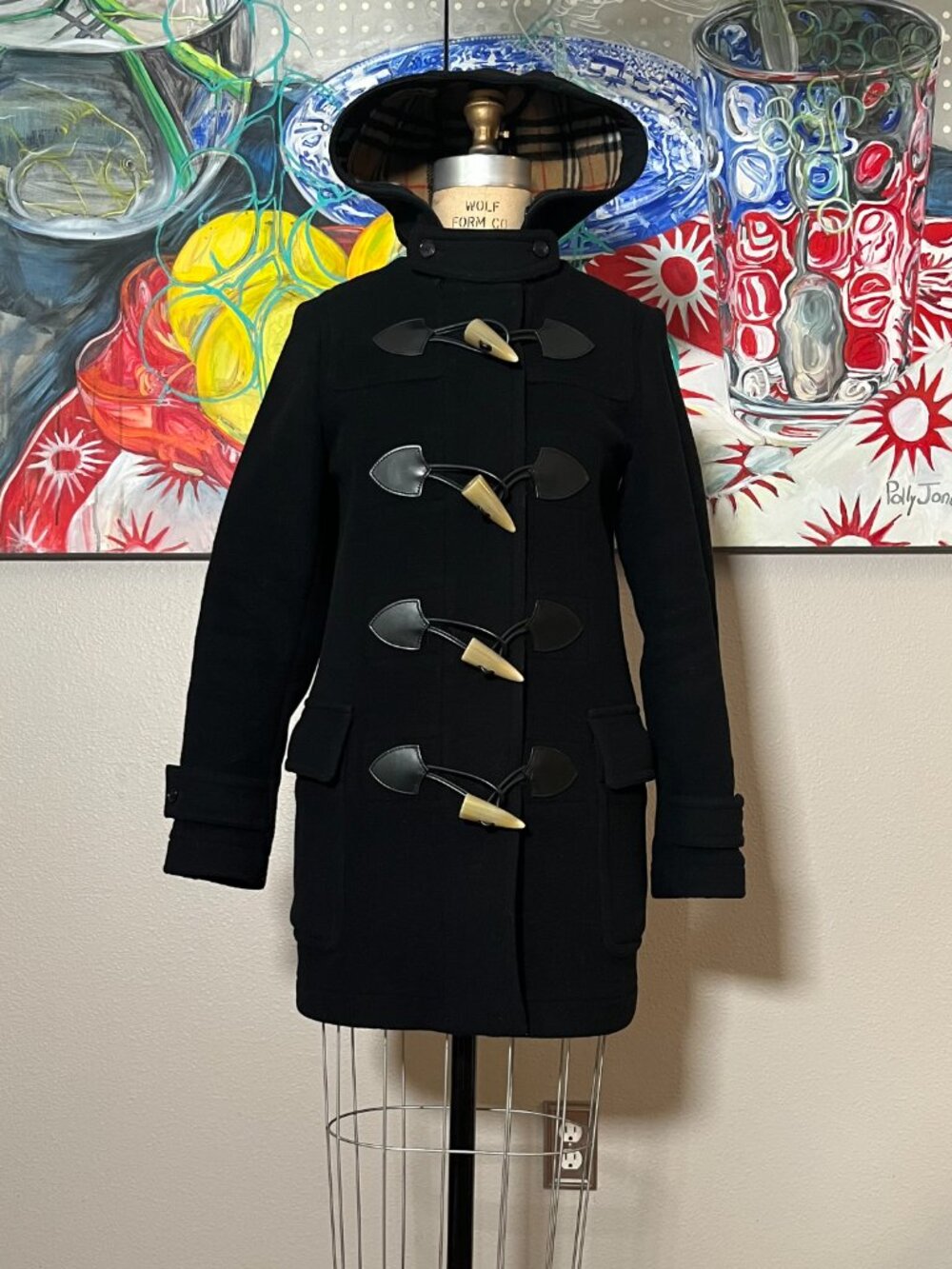 Burberry Black Wool Hooded Duffle Coat Check Lined Horn Toggle US 6